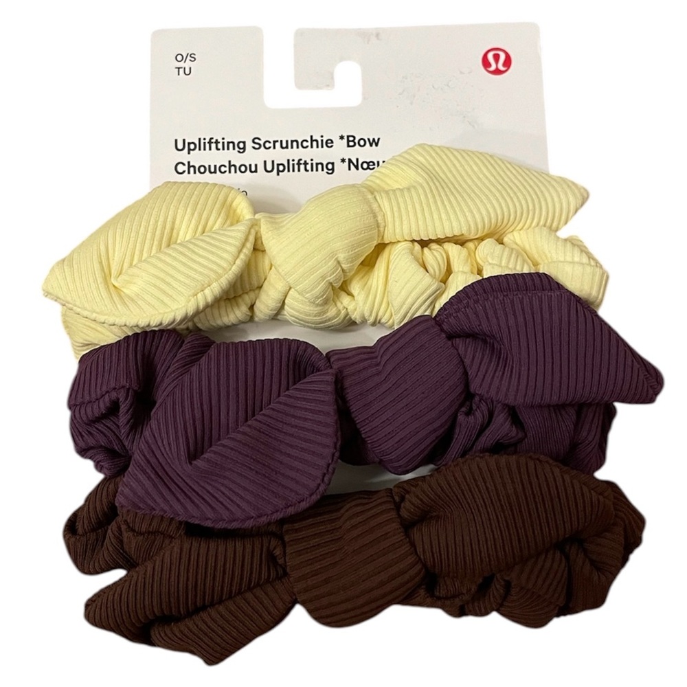 Lululemon Uplifting Bow Scrunchie 3 Pack Washed Yellow Java Grape Thistle NWT